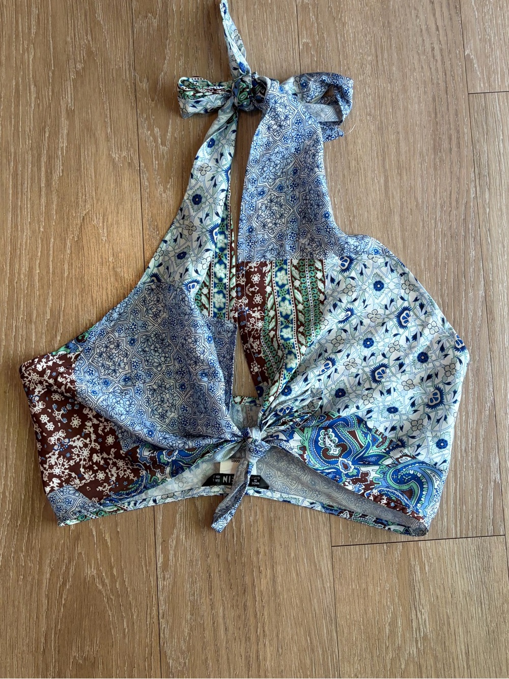 Blue & Brown Paisley Halter Tie-Front Crop Top